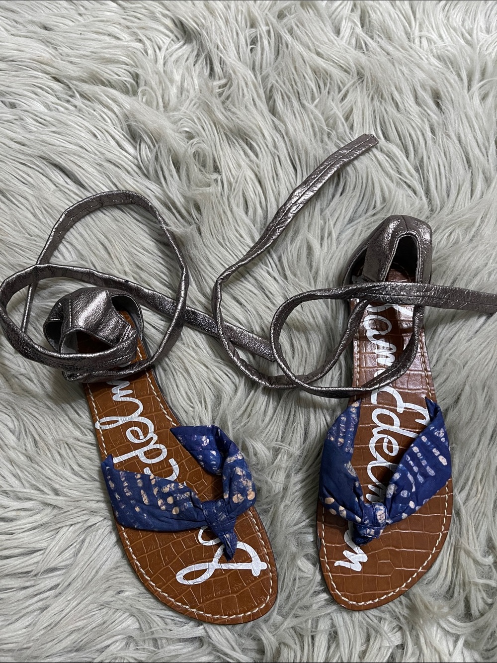Sam Edelman Blue‎ Patterned and Metallic Silver Wrap Sandals